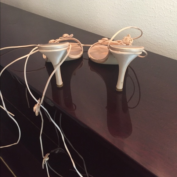 Satin beige tie up stilletoes with rose on ties - Picture 3 of 3